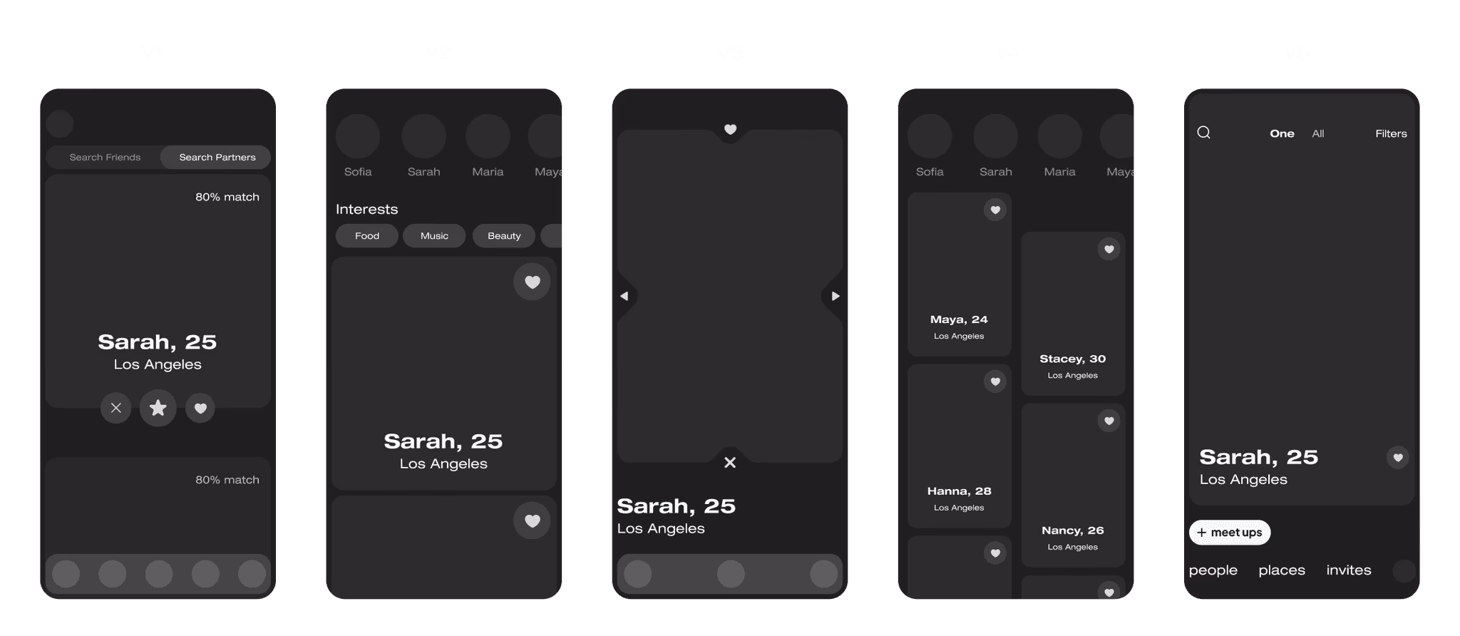 Five wireframe iterations for the core Talkbar screen